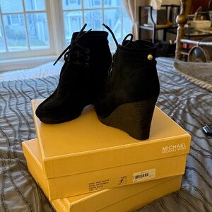 MICHAEL Michael Kors Black Suede Lace-Up Wedge Booties